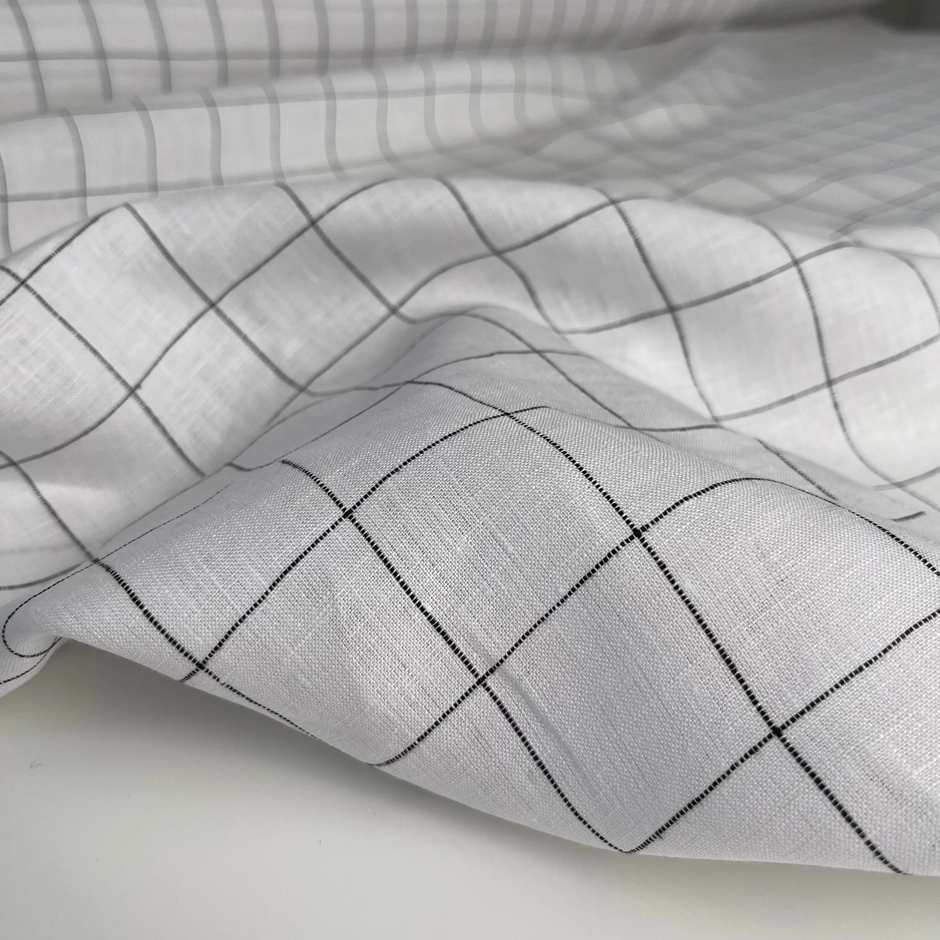 Monochrome Checks White Linen Fabric