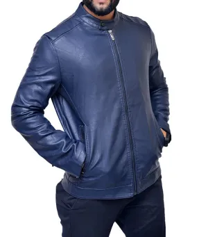 Navy Blue Zipper Biker Leather Jacket