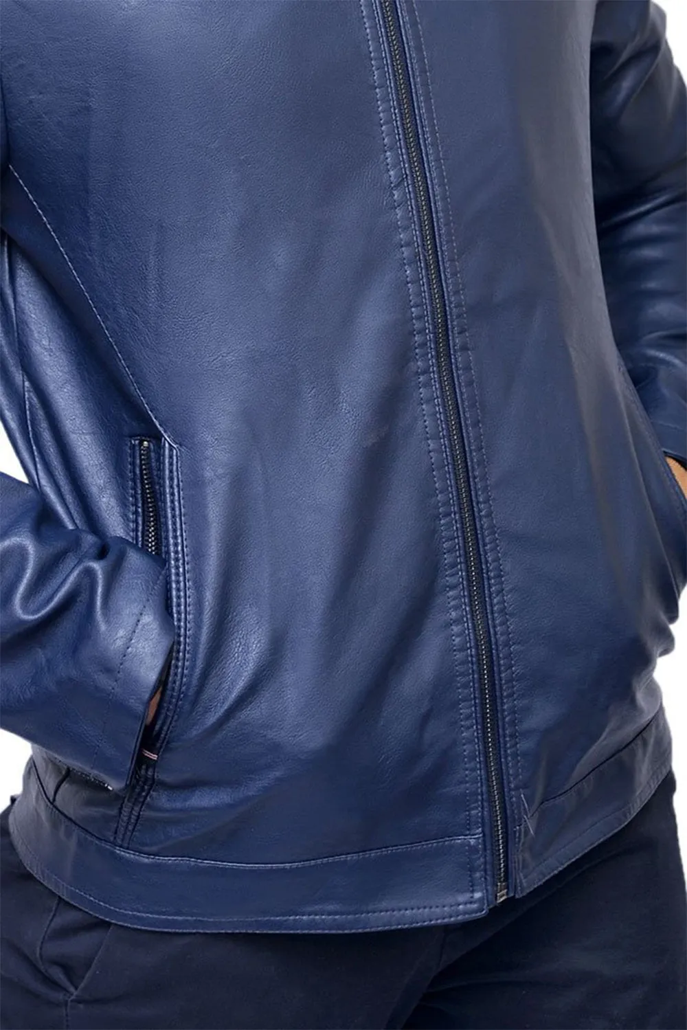 Navy Blue Zipper Biker Leather Jacket