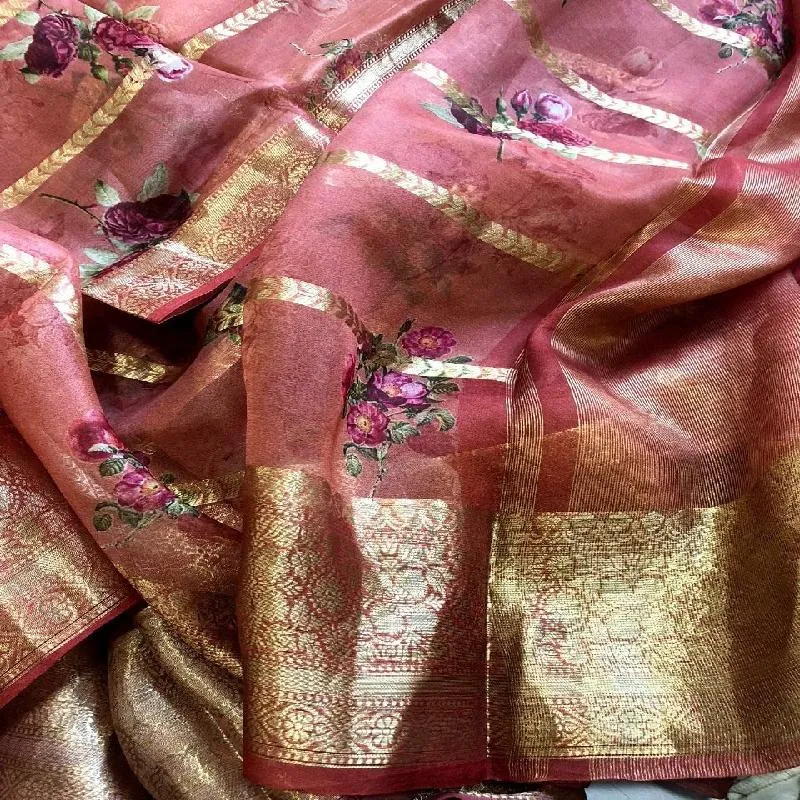 Onion Pink Digital Printed Organza Saree
