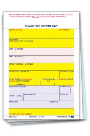 Premium Vehicle Deal Labels for Automotive Dealerships (AA-168 P/A-3) - 3-Part Carbon Interleaved (White, White, Blue) Copies - 3-7/16" × 4-3/4" - Permanent Adhesive Back
