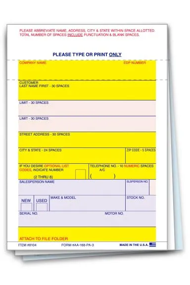Premium Vehicle Deal Labels for Automotive Dealerships (AA-168 P/A-3) - 3-Part Carbon Interleaved (White, White, Blue) Copies - 3-7/16" × 4-3/4" - Permanent Adhesive Back