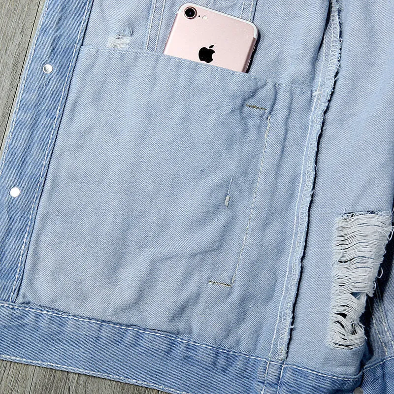 Printed Men's Ripped Jean Jacket Denim Trucker Jacket