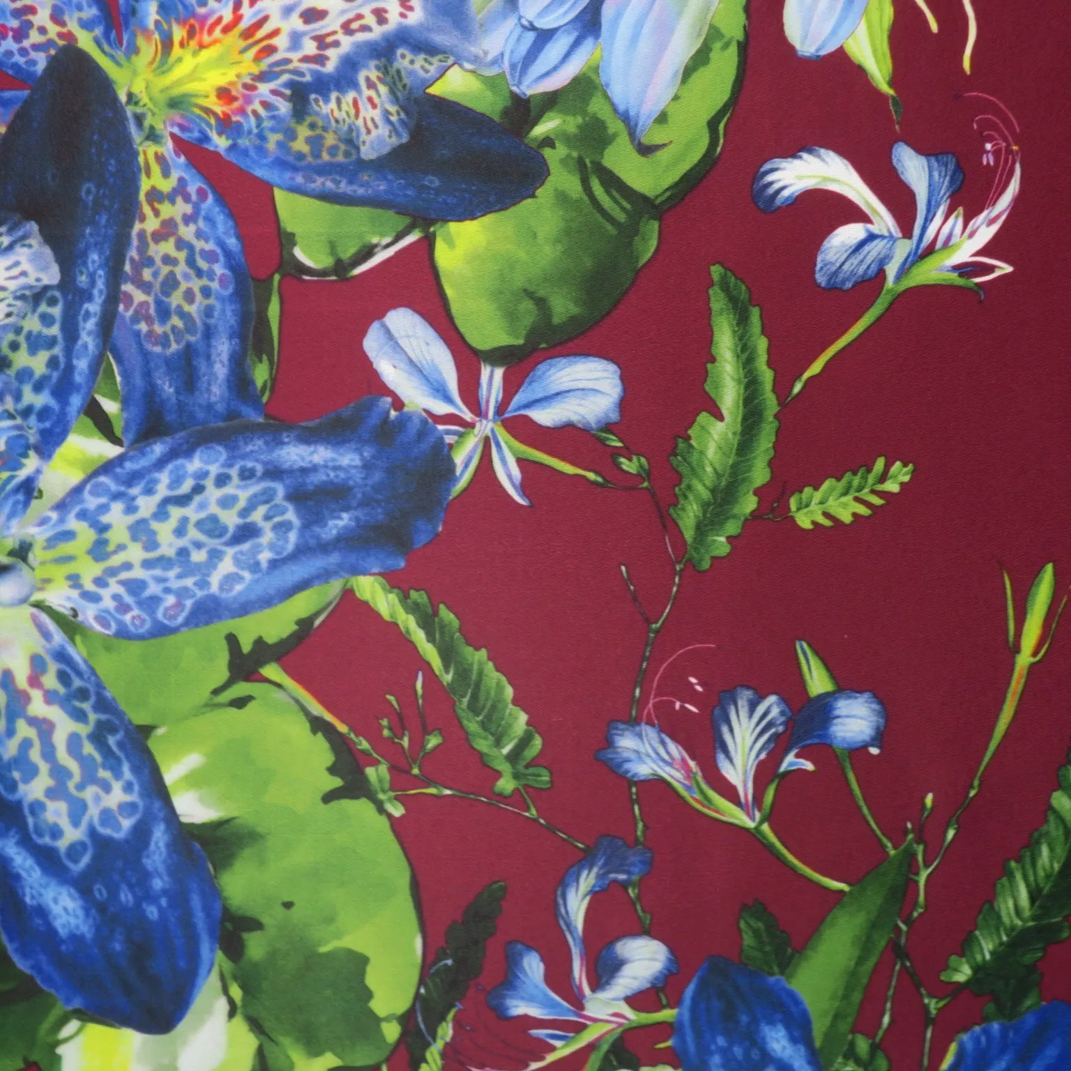 Purple Floral on Burgundy Background Printed Polyester Mikado Fabric