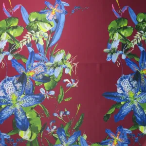 Purple Floral on Burgundy Background Printed Polyester Mikado Fabric
