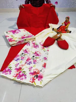 Red Chikan Elegance Patiala Salwar Suit Set with Jutti