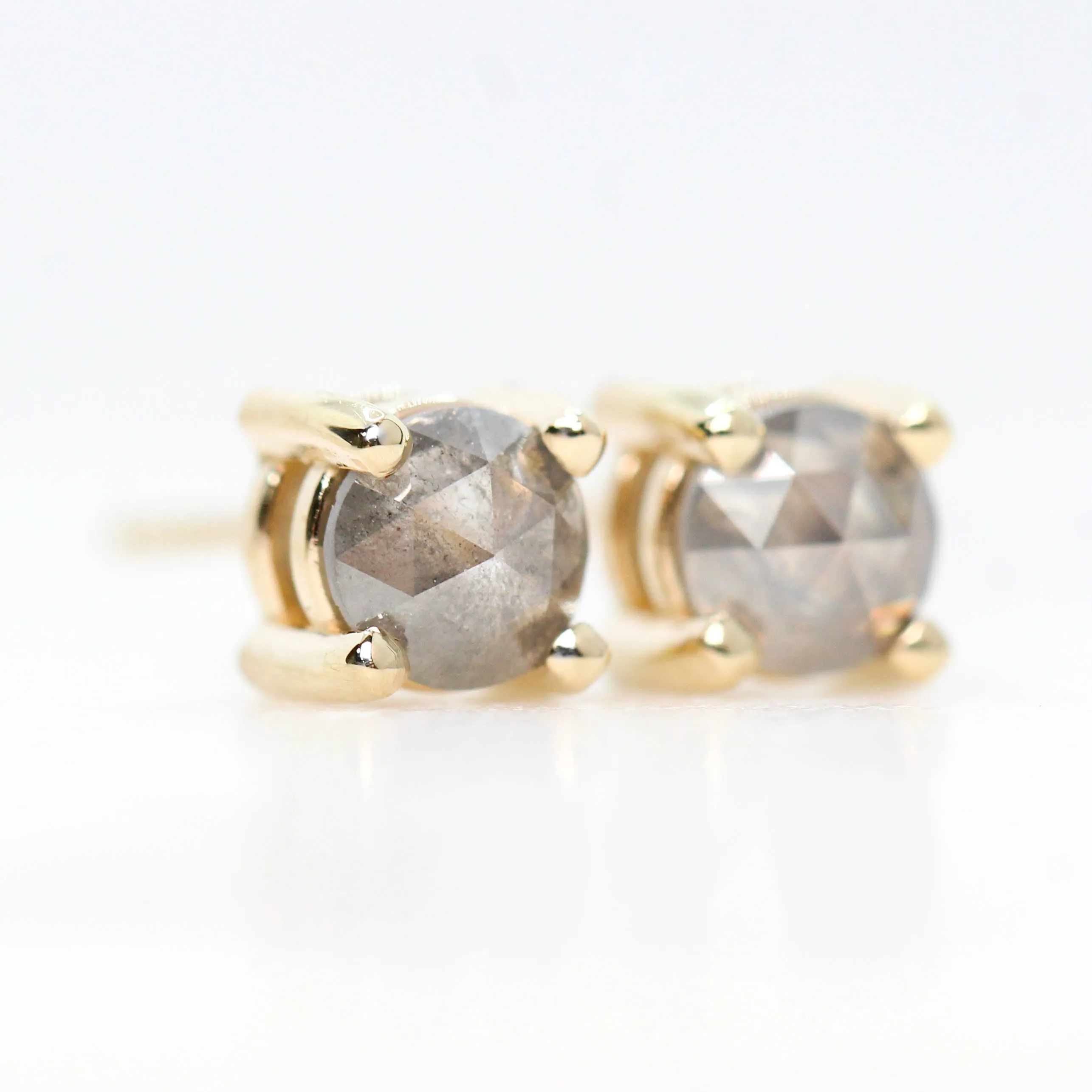 Rose Cut 4.25mm-4.5mm Misty Gray Salt and Pepper Diamond Earring Studs in 14k Yellow Gold - Ready to Ship