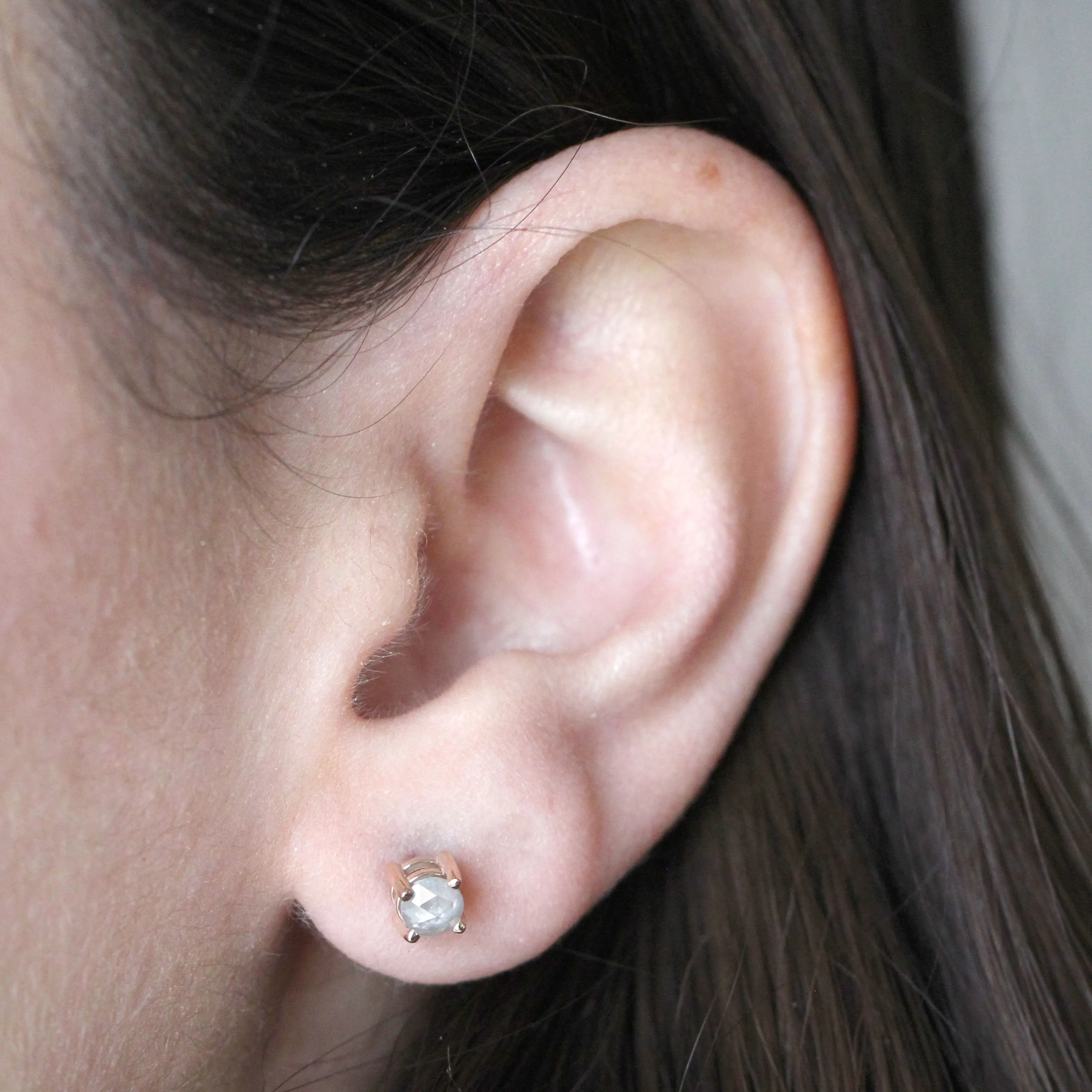 Rose Cut 4.25mm-4.5mm Misty Gray Salt and Pepper Diamond Earring Studs in 14k Yellow Gold - Ready to Ship