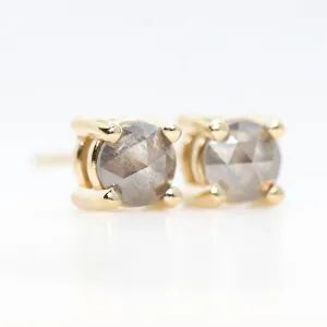 Rose Cut 4.25mm-4.5mm Misty Gray Salt and Pepper Diamond Earring Studs in 14k Yellow Gold - Ready to Ship