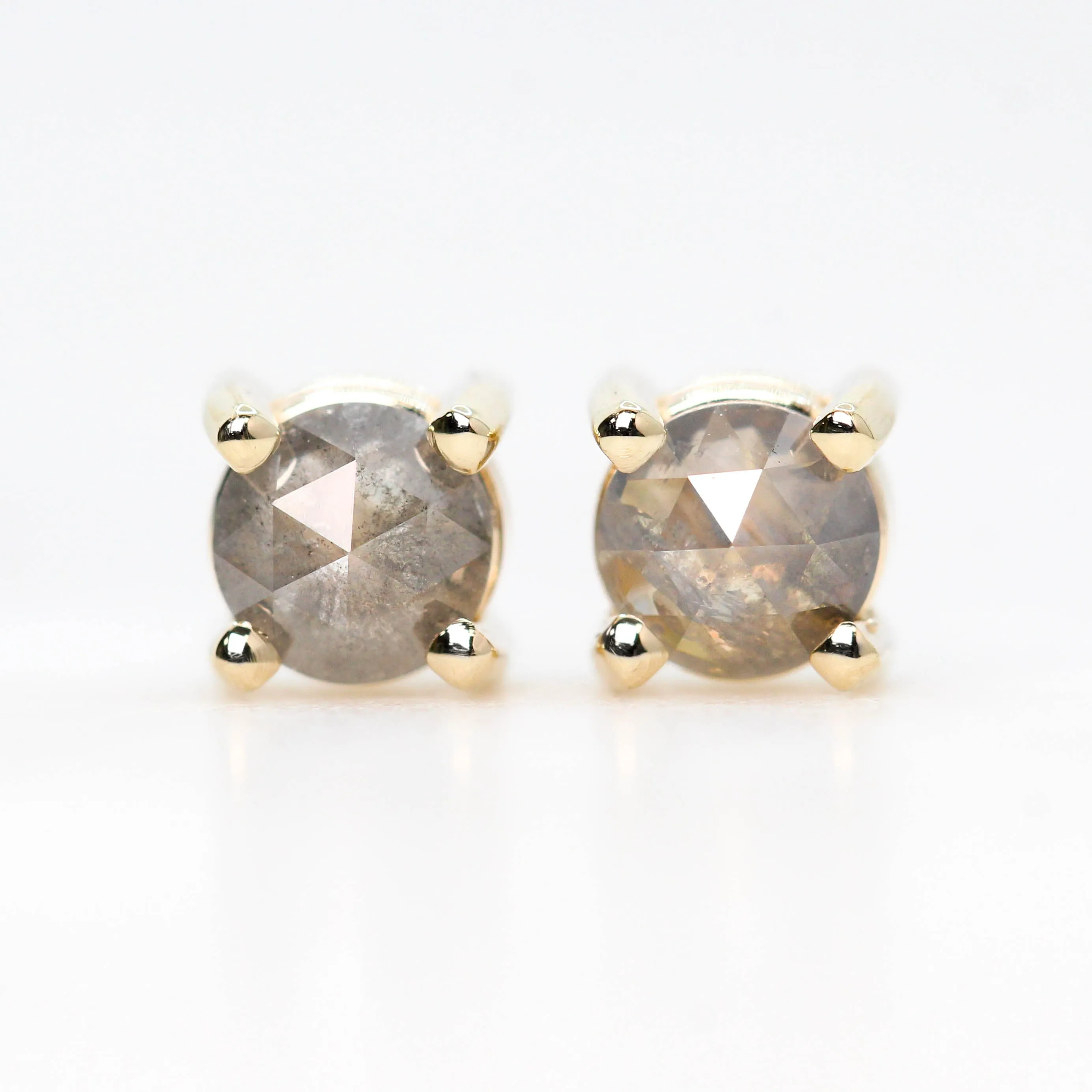 Rose Cut 4.25mm-4.5mm Misty Gray Salt and Pepper Diamond Earring Studs in 14k Yellow Gold - Ready to Ship