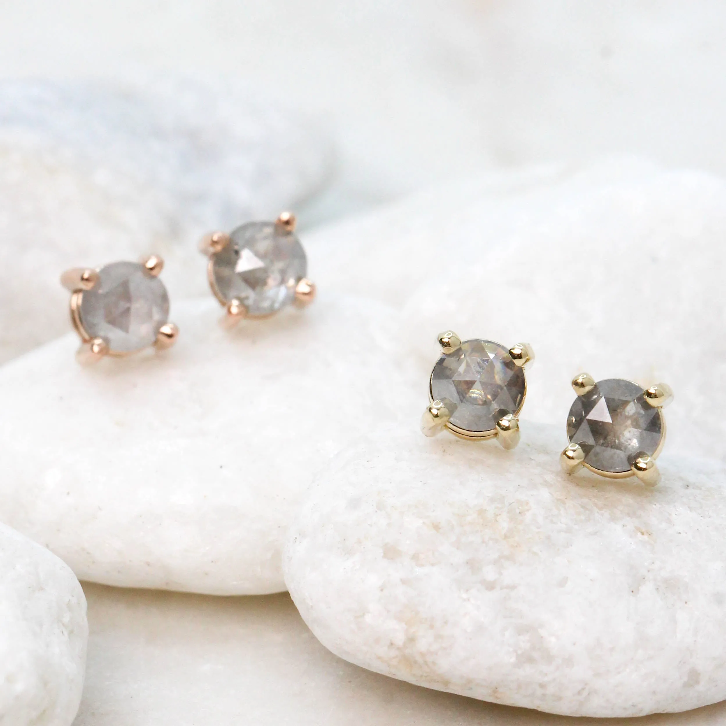 Rose Cut 4.25mm-4.5mm Misty Gray Salt and Pepper Diamond Earring Studs in 14k Yellow Gold - Ready to Ship