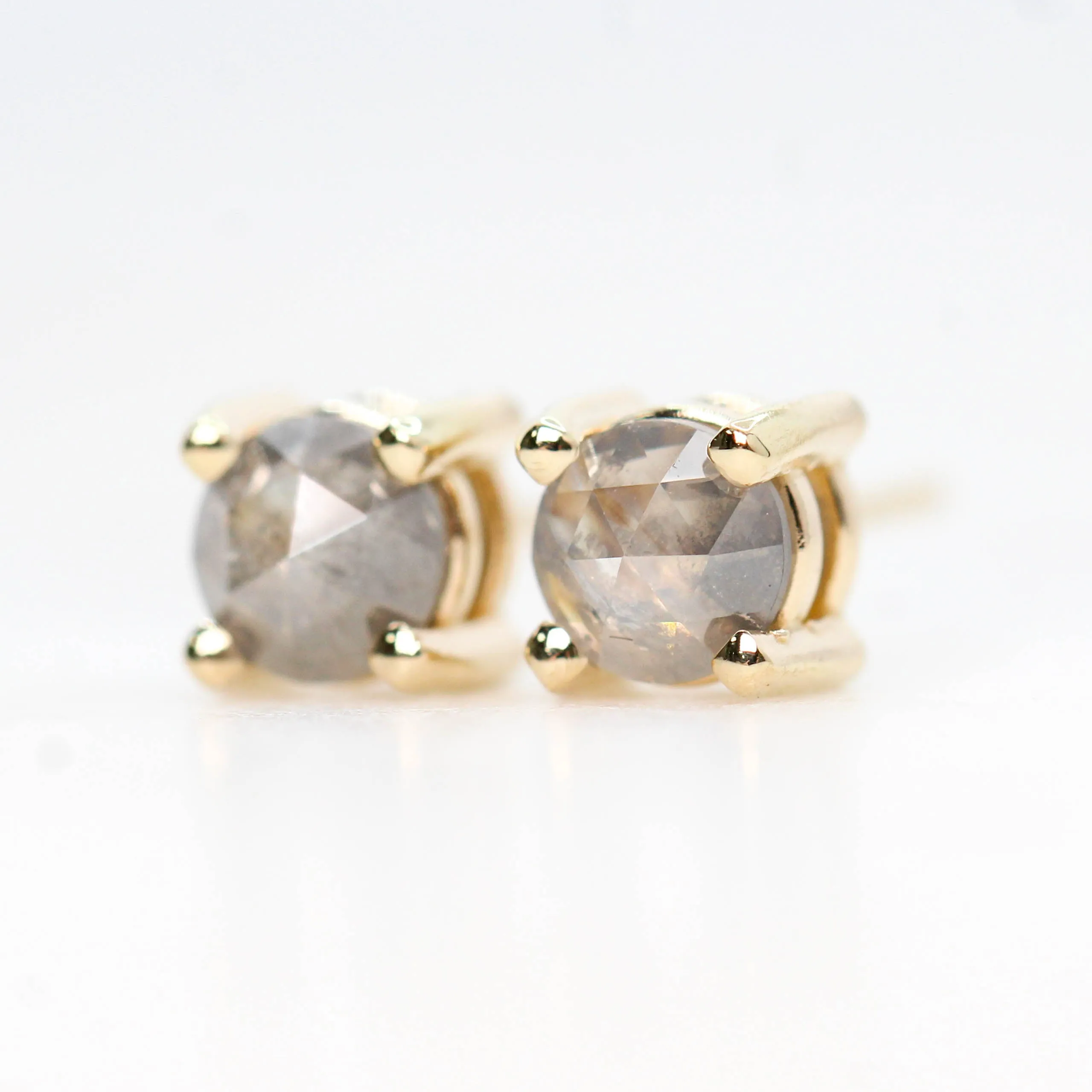 Rose Cut 4.25mm-4.5mm Misty Gray Salt and Pepper Diamond Earring Studs in 14k Yellow Gold - Ready to Ship