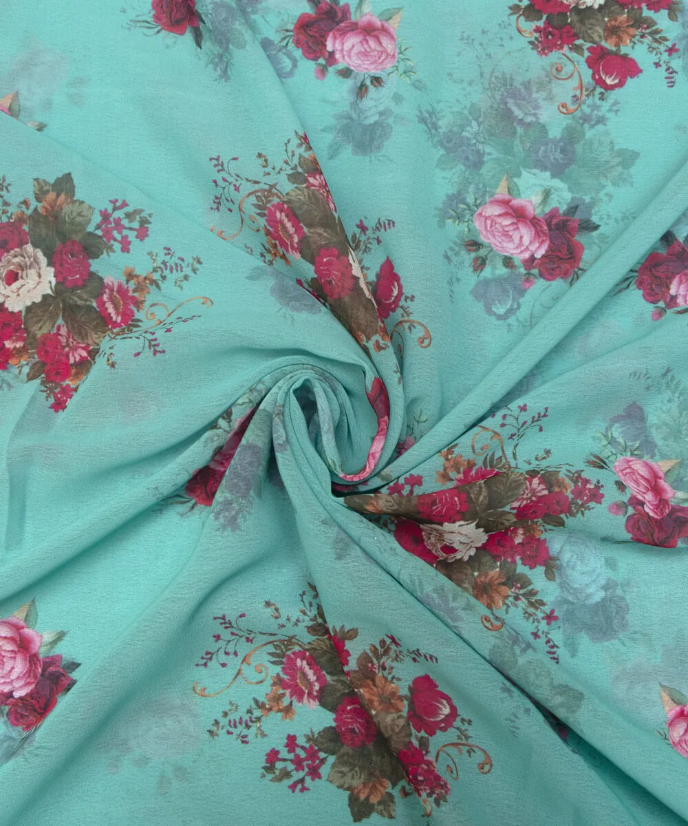 Sea Green Colour Floral Print  Digital Georgette Fabric