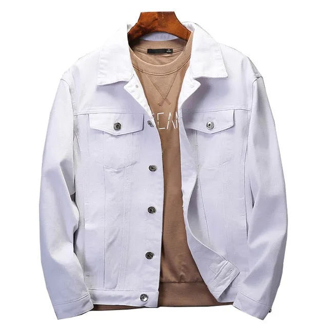 Top Quality Denim Jacket Men Solid White Black Pink Casual Outwear Coats Turn-Down Collar Single-breasted Cowboys