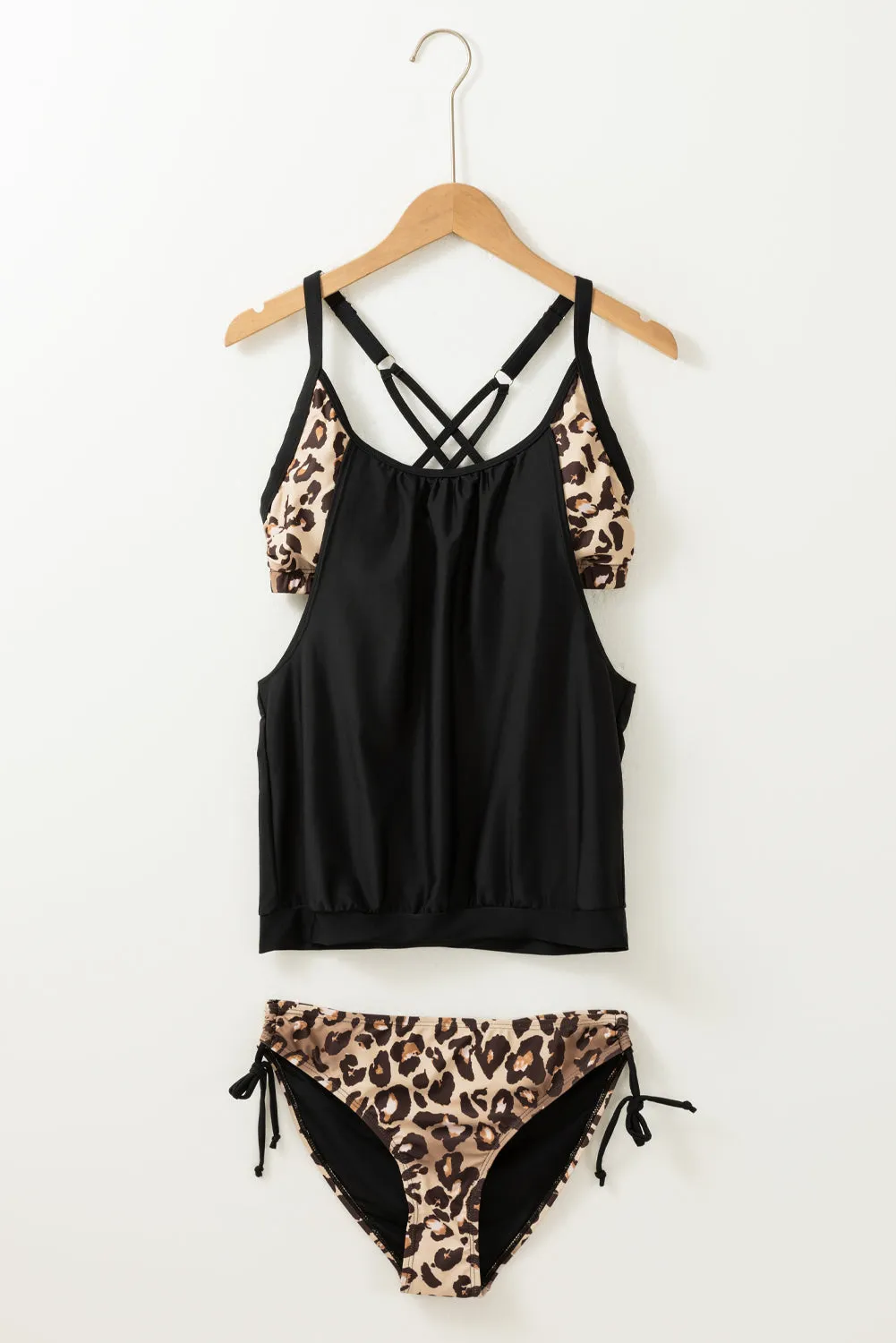Two-piece Black and Leopard Print Tankini