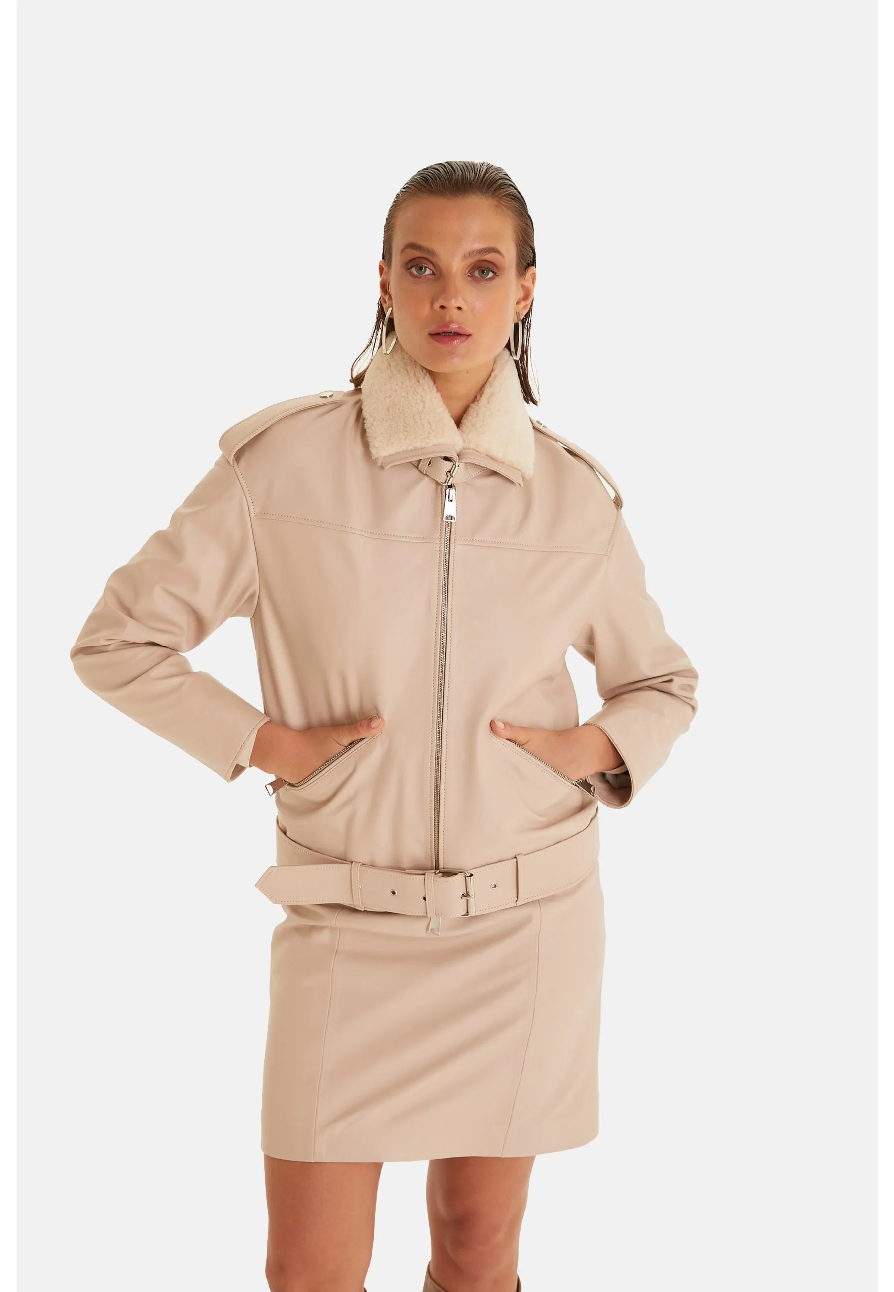 Women's Genuine Leather Belted Biker Jacket, Nappa Beige