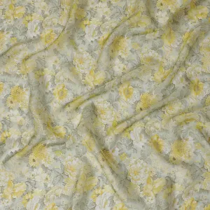 Yellow and Gray Floral Synthetic Organza Fabric - 110 cm Width, Made in India-D19642
