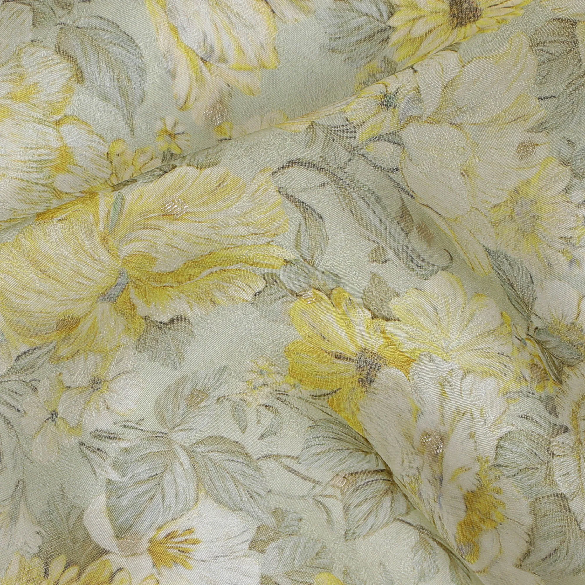 Yellow and Gray Floral Synthetic Organza Fabric - 110 cm Width, Made in India-D19642