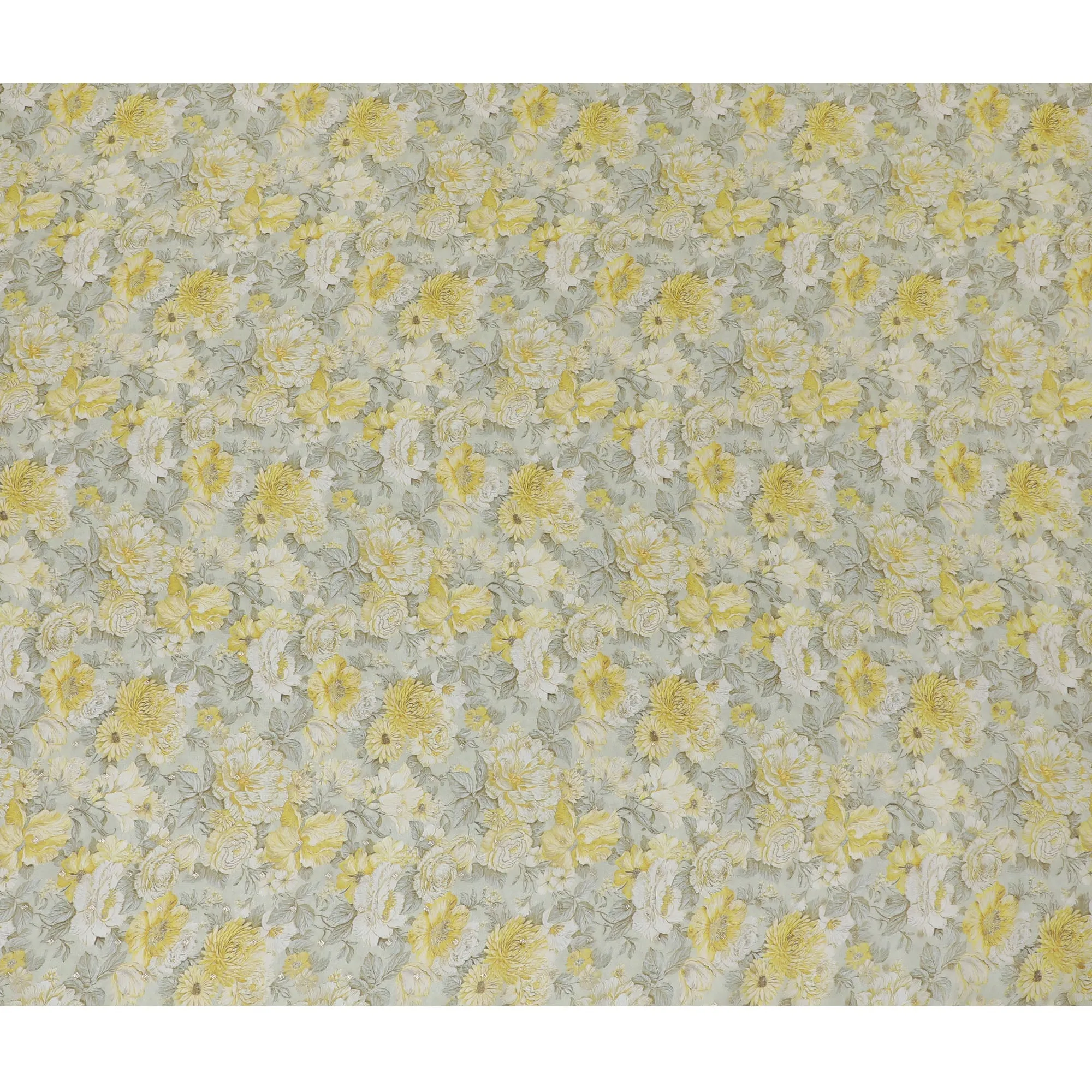 Yellow and Gray Floral Synthetic Organza Fabric - 110 cm Width, Made in India-D19642