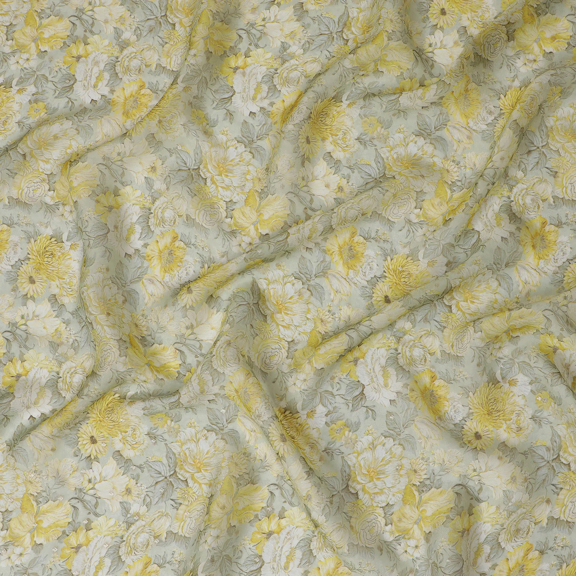 Yellow and Gray Floral Synthetic Organza Fabric - 110 cm Width, Made in India-D19642