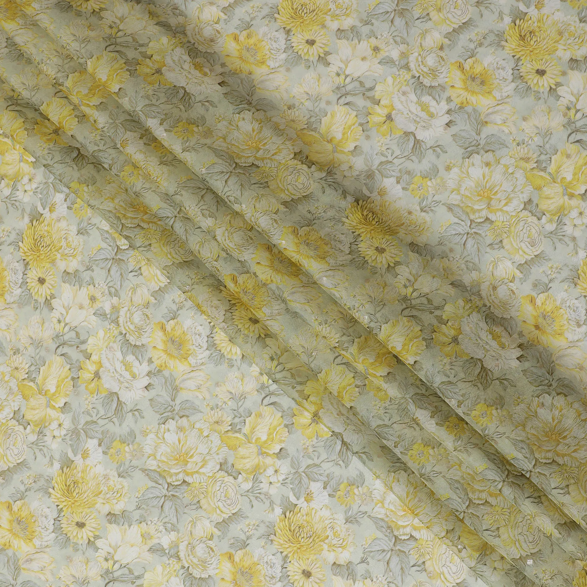Yellow and Gray Floral Synthetic Organza Fabric - 110 cm Width, Made in India-D19642