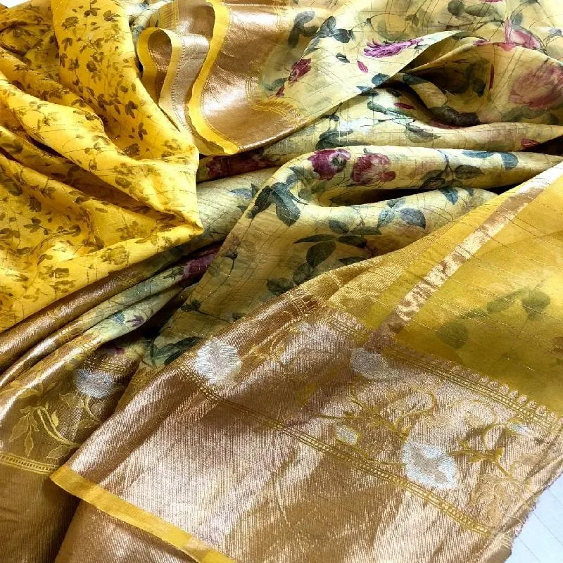 Yellow Digital Printed Organza Saree